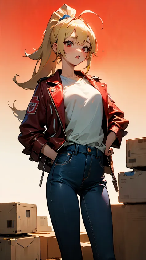 17 year old girl、blonde ponytail、Ahoge、big round red eyes、、beautiful woman、white t-shirt、red leather rider jacket、blue jeans pan...