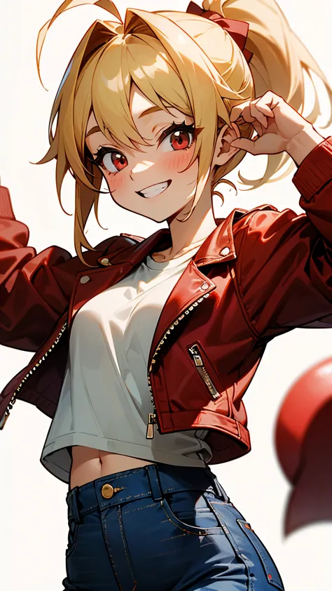 17 year old girl、blonde ponytail、Ahoge、big round red eyes、grin、white t-shirt、red leather rider jacket、blue jeans pants、upper bod...