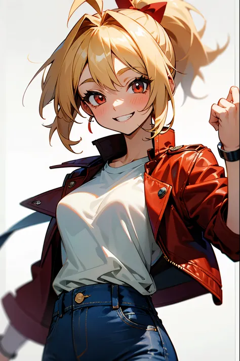 17 year old girl、blonde ponytail、Ahoge、big round red eyes、grin、white t-shirt、red leather rider jacket、blue jeans pants、upper bod...