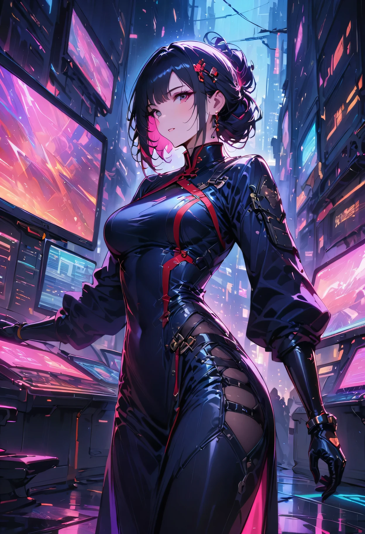 (Highest resolution, clearly_image), best quality, masterpiece, Very detailed, semi-realistic, black short hair, Mature female commander wearing Chinese clothing, triple bangs, black, black pleated skirt, Uniform, spaceship space, control room, cyberpunk