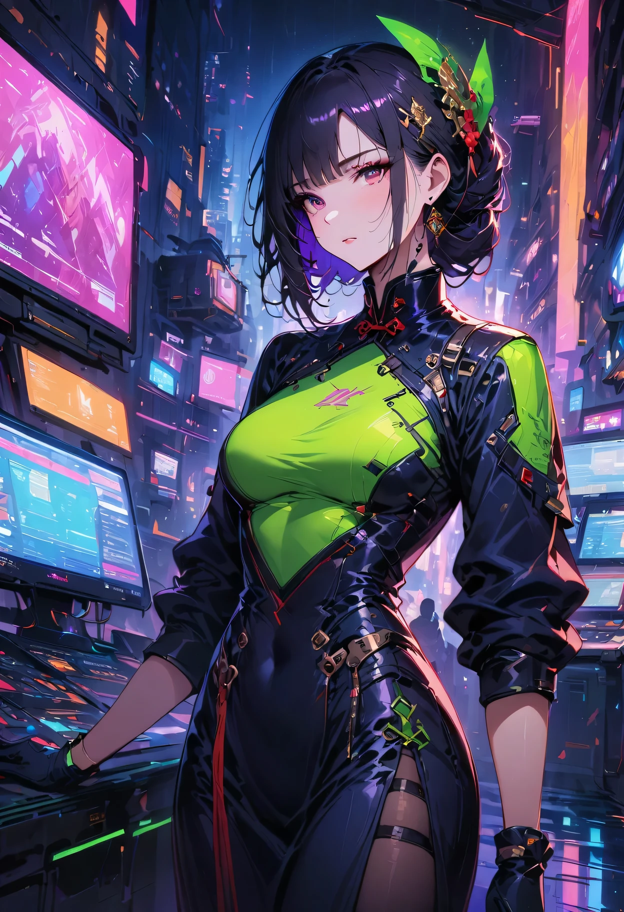 (Highest resolution, clearly_image), best quality, masterpiece, Very detailed, semi-realistic, black short hair, Mature female commander wearing Chinese clothing, triple bangs, black, black pleated skirt, Uniform, spaceship space, control room, cyberpunk