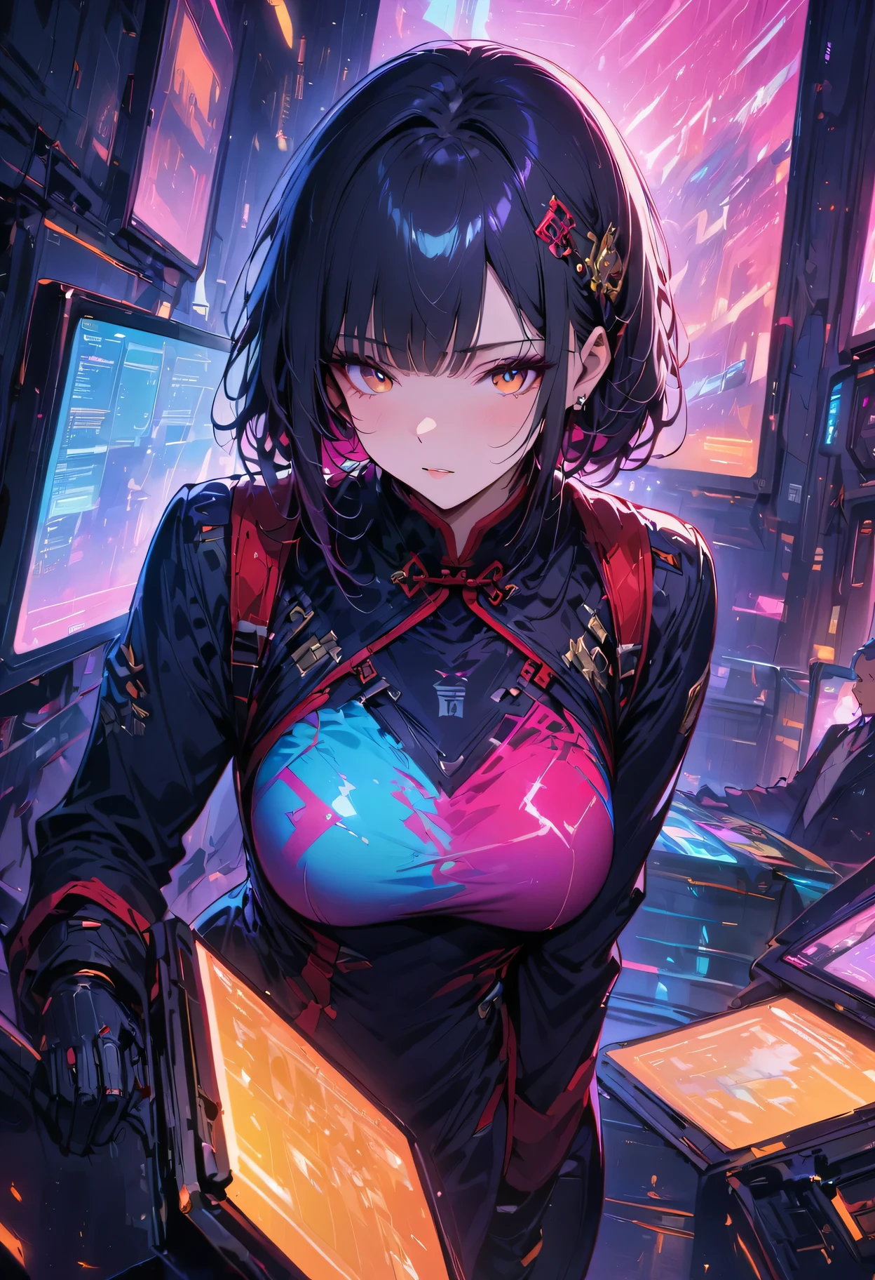 (Highest resolution, clearly_image), best quality, masterpiece, Very detailed, semi-realistic, black short hair, Mature female commander wearing Chinese clothing, triple bangs, black, black pleated skirt, Uniform, spaceship space, control room, cyberpunk