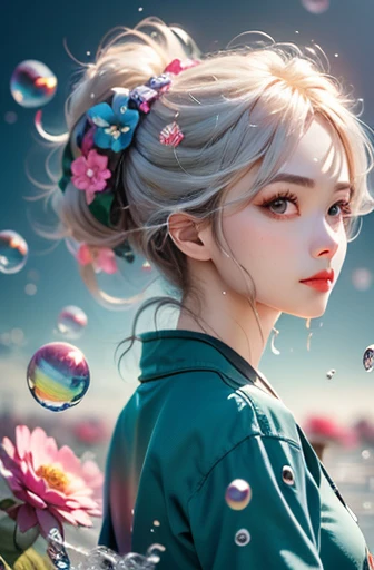 (masterpiece), (best quality), (Super detailed),(disheveled hair),(illustration), (1 girl), (fashion clothing), permanent, fashion model, looking at the audience, (interview), (Simple background),Beautiful and delicate eyes, Exquisite and beautiful face, floating,(high saturation),(colorful splash),Colorful bubbles,(shining), focus on face,  ponytail, Ayaka Uesou, light blue hair, Bangs, hair ring, floating花朵, floating hair, (shining), best lighting, best shadow,