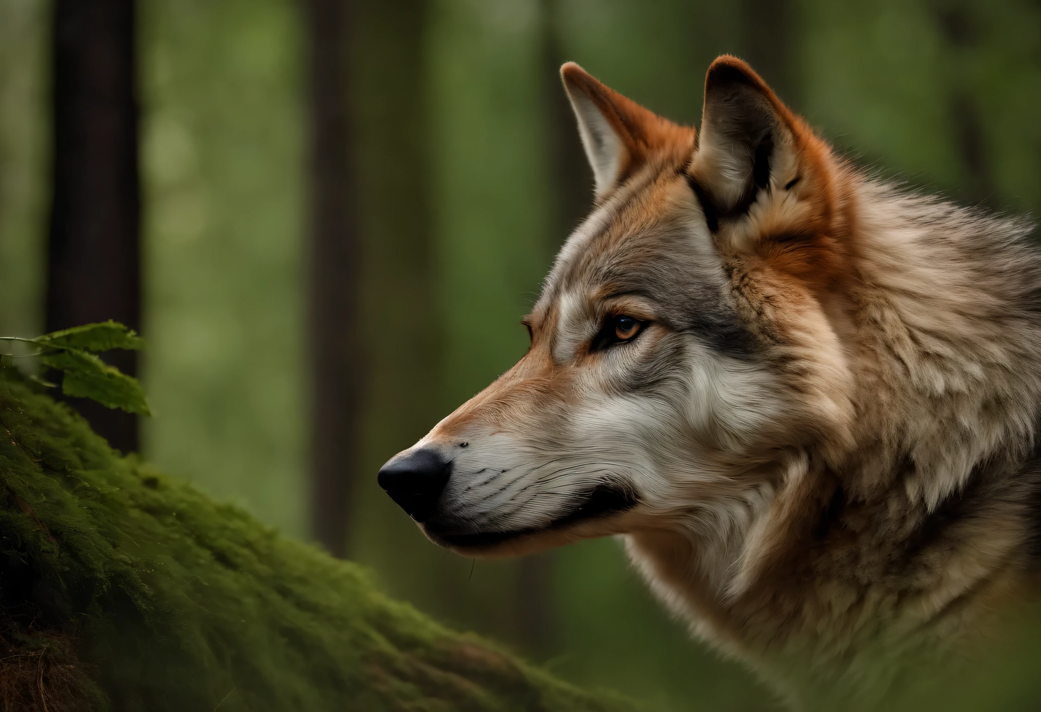 there is a wolf that is standing in the woods looking at something, photo of wolf, wolf, portrait of a wolf, wolf portrait, wolp, wolves and their treasures, great wolf, wolves, portrait of a wolf head, inspired by Wolf Huber, looking majestic in forest, dark grey wolf, portrait of forest gog, wolf like a human
