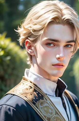 nils visser（neels visser）is a prince with golden blond hair, wearing moss green medieval military uniform, staring ahead with gr...