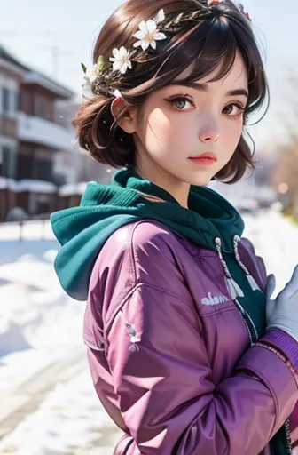 girl, brown hair, bob hairstyle, have bangs, purple snow jacket with green sweater, hands crossed, slightly serious expression, ...