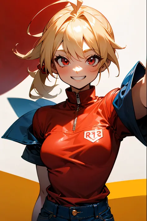 17 year old girl、blonde ponytail、ahoge、big round red eyes、grin、small breasts、white t-shirt、red leather rider jacket、blue jeans p...