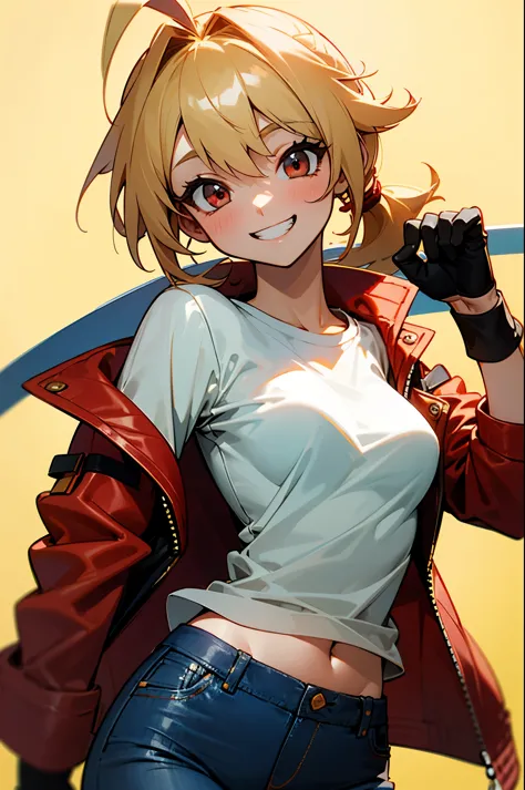 17 year old girl、blonde ponytail、ahoge、big round red eyes、grin、small breasts、white t-shirt、red leather rider jacket、blue jeans p...