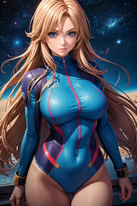 sandy hair muscular, large breasts, slender thighs slender waist pilot suit solo looking at viewer in space long hair blushing d...