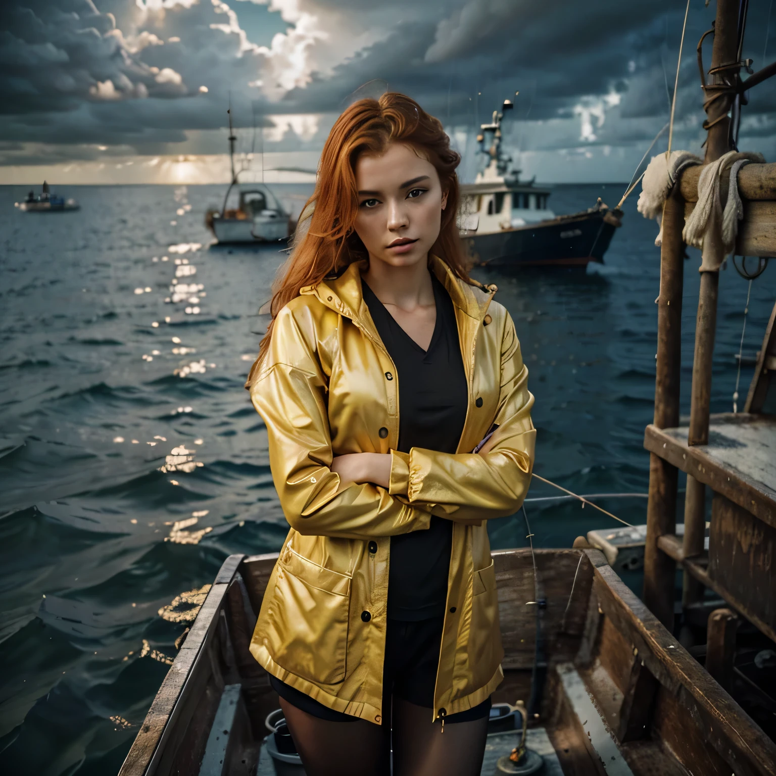 (chef-d&#39;œuvre:1.2), Meilleure qualité, photo d&#39;une belle pêcheuse, cheveux roux, 40 ans, porter un imperméable jaune,  (sur un bateau de pêche:1.3),  Nuages noirs, PhotoRéaliste, HyperRéaliste, hyperdétaillé, style analogique, hanche armée, Sage, Coupe-bas, peau détaillée, Peau mate, éclairage doux, diffusion souterraine, Réaliste, ombre lourde, chef-d&#39;œuvre, Meilleure qualité, ultra Réaliste, 8k, Nombre d&#39;or, complexe, Détails élevés, Photographie argentique, mise au point douce