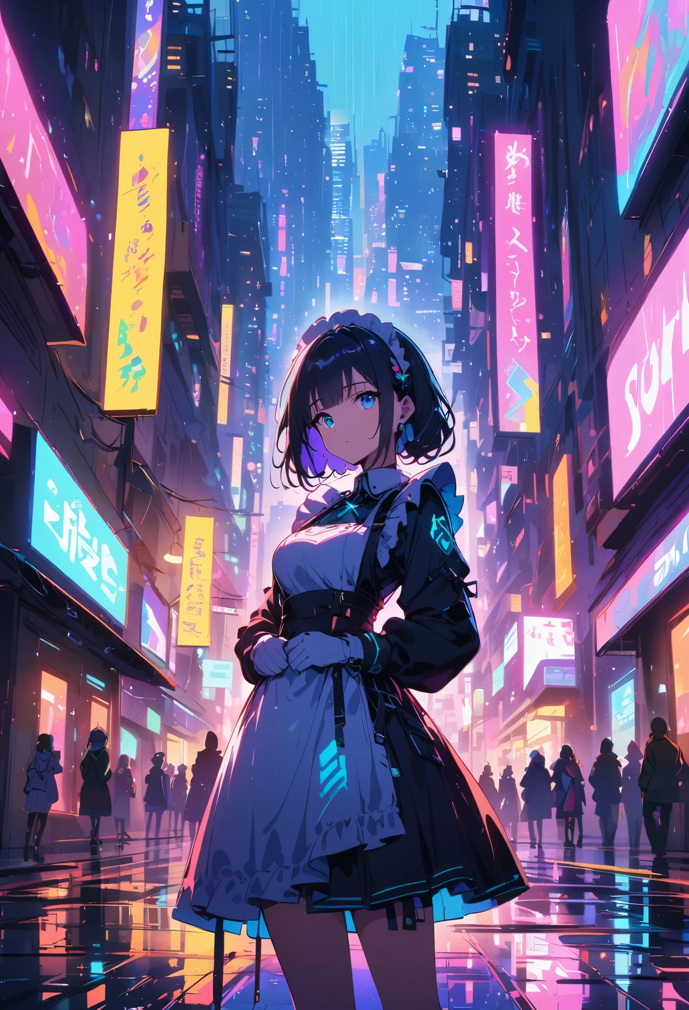 night, Colorful cyberpunk city background, rain, street, maid, Seven grass camelina,Song of late night, blue eyes, shining eyes, black, backlight, glow, Find an audience, low angle shot, Looking up at the camera, perfect composition, Perfect light and shadow, 8K