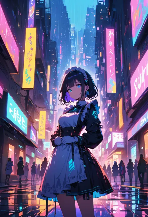 night, Colorful cyberpunk city background, rain, street, maid, Seven grass camelina,Song of late night, blue eyes, shining eyes,...