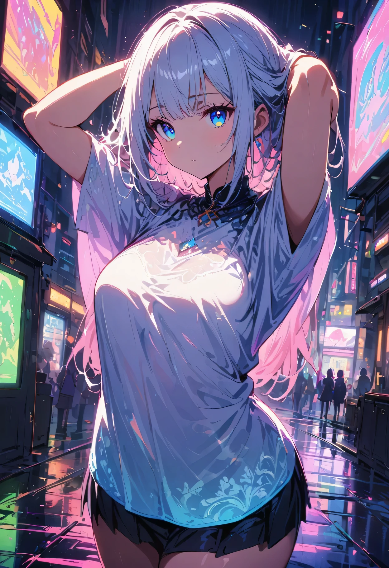 (((1 girl)),Ray tracing,(dim lights),Detailed background,((silver hair)),(silver hair)),((Fluffy silver hair, plump and slim girl)) , ((((Girl in white opaque shirt, Black pleated skirt with black transparent), Show off your delicate, slender figure and graceful curves, correct limbs, Place your hands behind your head, Place your hands behind your head, Place your hands behind your head , Eye details, beautiful eyes, exquisite eyes, blue eyes