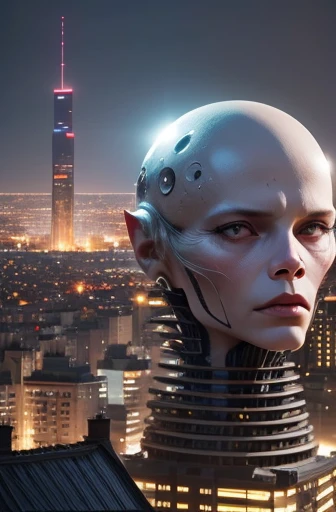 Aliens that look like humans stand all over, View a city from above, movie lighting, (go through (Daniel Mernagh) (Kahn Griffith) Monika Nowak), highly detailed, detailed, software, Alien face