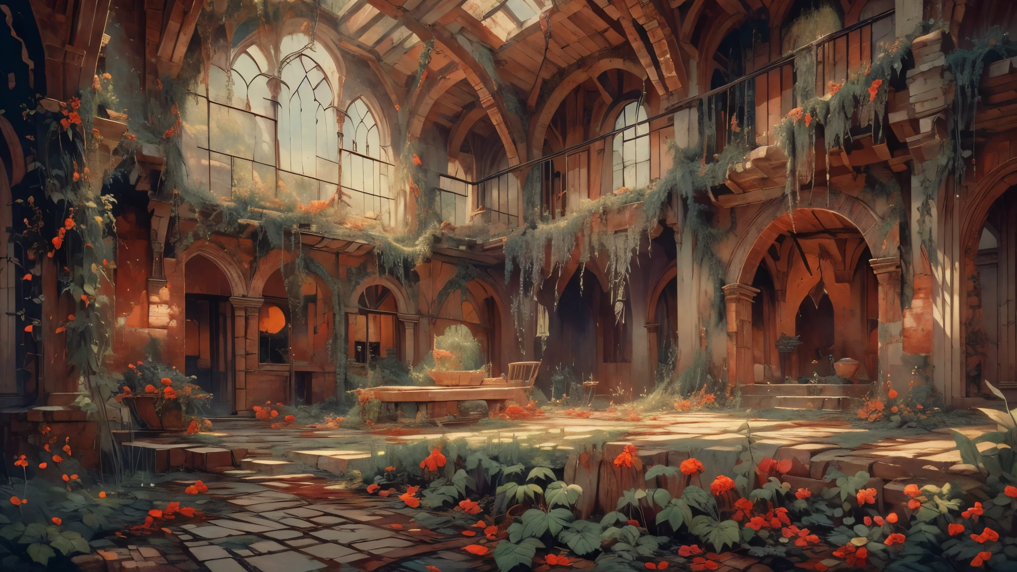 Masterpiece, best quality, 8k, panoramic view, Ruined palace of the gnomes, wide open great hall, covered in ivy, crumbling walls, mossy stones, magical whispers, unearthly beauty, ancient secrets, hidden treasures, mystical aura, light golden solar flowing