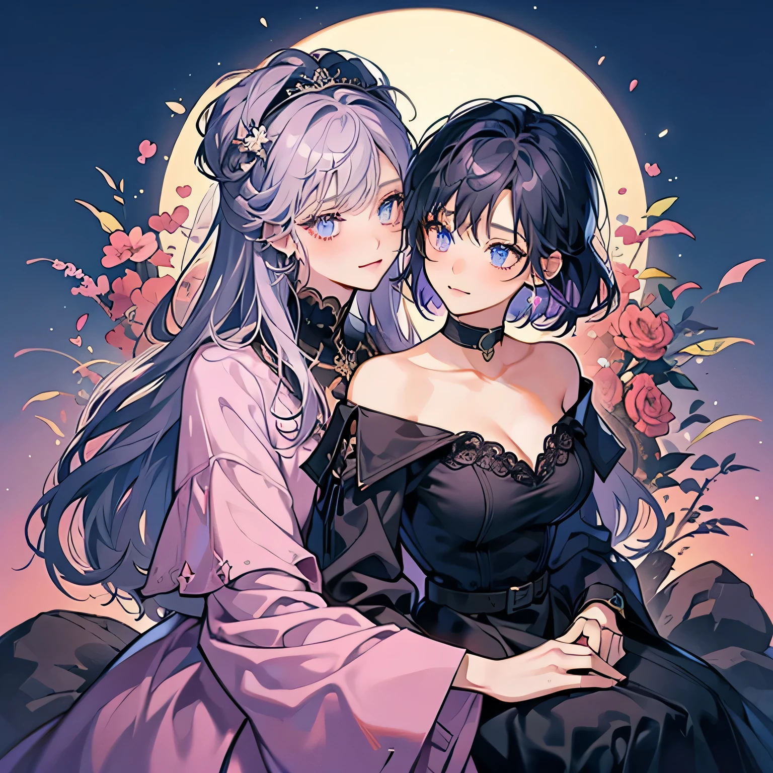 Two anime girls in black dresses sitting on a rock - SeaArt AI