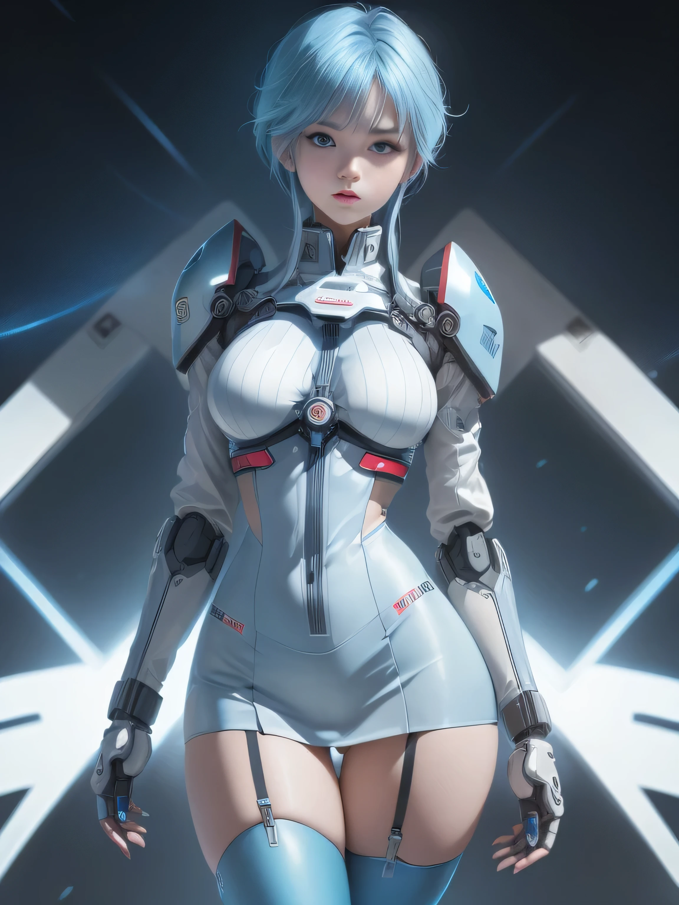 Yukime, Gospel World Yuki Onna, medium blue and white stripes, ((best quality)), ((masterpiece)), (detailed: 1.4), Female robot pilot defines her slender body, neon evangelion style, naked thighs, closed mouth, sexy robot panties, body parts covered with very thin clothing of technology, (((medium breasts)) perfection, generous neckline, ((light blue and white striped clothes)), Argentina, pastel, (((mechanical arm))), Airplane wings on the back,  Sky blue short hair with highlights, small short underwear, garter belt, for a lot, Rainbow--V5, close to the real thing, best quality, almost naked, psycho, my face turned red, Happy, Pose that emphasizes the chest, cyber punk background, Two-piece clothing, dibujos de sol de la bandera de Argentina, cyber punk, sun and dark blue bra, (((Clothes with robot laces and lights ))),  pointed shoulder pads, blue eyes without pupils, HDR (high dynamic range),ray tracing,NVIDIA RTX,super resolution,unreal 5,Dispersed underground, PBR texture, Post-processing, anisotropic filtering, Depth of the bounds written, Maximum clarity and sharpness, multilayer texture, Albedo and specular maps, surface shading, Accurate simulation of light-matter interactions, proporciones perfectionas, octane rendering, 2 color illumination, wide opening, Low ISO,  White balance, Rule of thirds, 8K RAW, crisis nano suit、random angle、