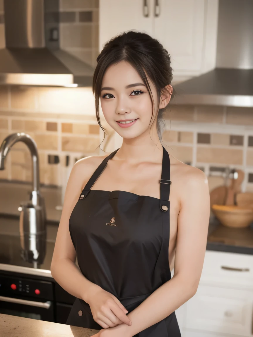 (top quality, 8k, masterpiece: 1.3), beautiful woman with perfect figure: 1.4, dark brown hair up to the shoulders, naked and wearing bulack_color apron, in the kitchen, very detailed face and skin, detailed eyes, double eyelids, beautiful small breasts, naked, smiling