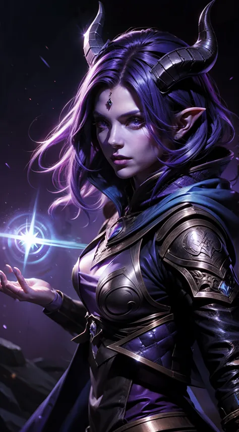 female tiefling sorcerer. purple skin. blue hair