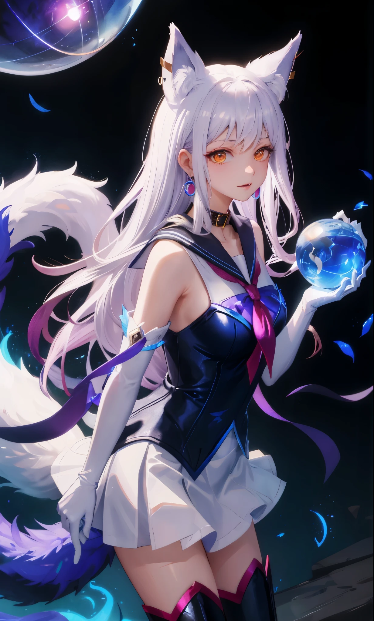 masterpiece, best quality, high resolution, More 1, crown, Sailor Senji, Blue sailor collar, bow, knee high boots, collar, White gloves, blue collar, elbow gloves, jewelry, earrings, blue skirt, Cowboy shooting, sphere, crystal ball, ,Ahri, Ahri \(League of Legends\), k/and \(League of Legends\), bloom \(League of Legends\)，Animal ears, facial markings, fox ears, fox Tail, orange eyes, multiple Tails, Tail