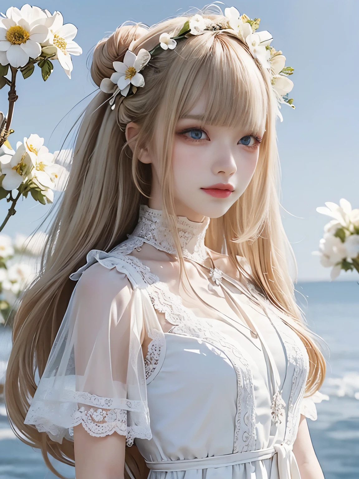 raw photo, 8k, (top-quality), Realistic, (real picture, Intricate details), (natural skin texture, detailed skin, hyper realism, sharpness), full body shot, Japanese teenage girl dancing, (clear sky, white flowers, white petals:1.2, On the mysterious hill where white flowers bloom), ((white dress, see-through dress, white flower hair ornament, flower crown, look far away)), (pale skin:1.2), thighs, full body shot, slender body, ((light blond hair:1.3,bun hairstyle, blunt bangs)), (Parted lips:1.3, eye shadow, eyeline, tear bag:1.2, red lip, undereye circle, smile), sun light