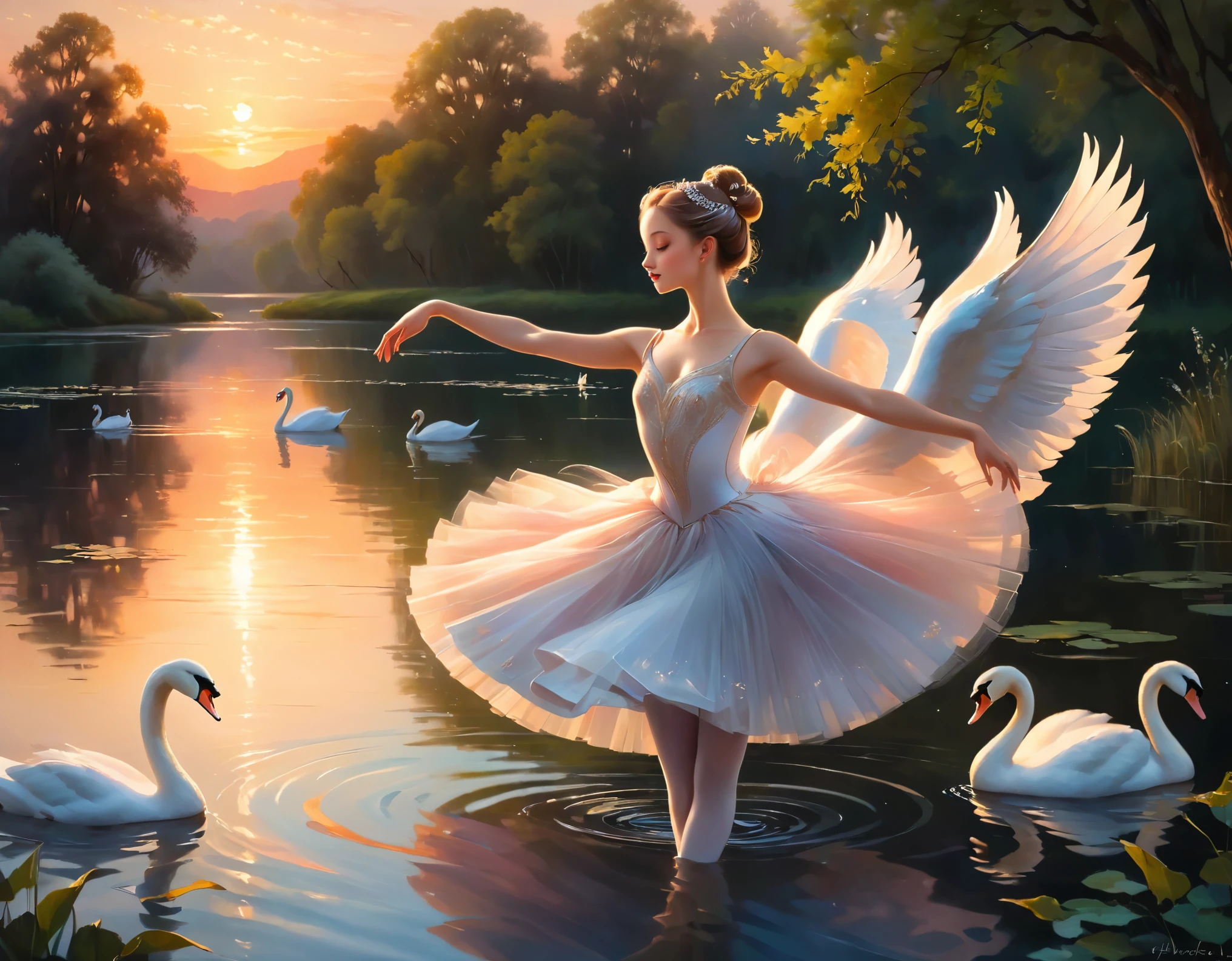 Wunderschöne Ballerina tanzt bei Sonnenuntergang am ruhigen Lake of Swans:
Eine Szene ätherischer Anmut und Gelassenheit entfaltet sich in diesem exquisiten Gemälde. Die weiche, Öltöne der ersten Röte der Abenddämmerung küssen die Wasseroberfläche, wirft einen warmen Glanz auf die elegante Ballerina, während sie sich im sanften Rhythmus ihres Tanzes verliert. Ihre geschmeidige Gestalt, in ein fließendes Tutu gehüllt, spiegelt die gewundenen Kurven des Sees wider, während ihre Arme, anmutig ausgestreckt, strecken sich zum Himmel wie die anmutigen Hälse der Schwäne, die mühelos über das Wasser gleiten. Das Meisterwerk erwacht zum Leben durch aufwendige Details in