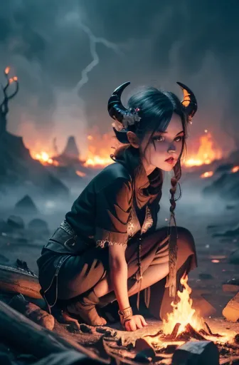 a girl in the seventh layer of hell,dark and eerie,red-hot flames,creepy creatures wearing horns and tails,bones and skeletons s...