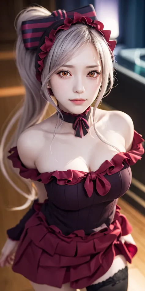 , best quality, Shalltear V4, 1 girl, alone, skirt, decorate, bow, hair bow, direction, faint smile, pale skin, luminescent, lum...