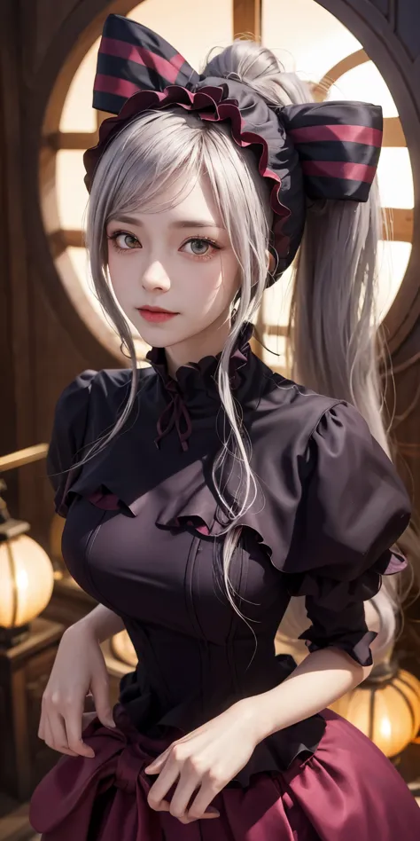 , best quality, Shalltear V4, 1 girl, alone, skirt, decorate, bow, hair bow, direction, faint smile, pale skin, luminescent, lum...