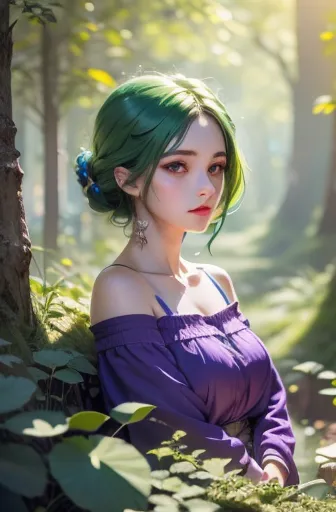 rath 867, 1 girl, alone, (forest green hair:1.2), asymmetrical hairstyle, (violet clothes:1.2) masterpiece, best quality, photoa...