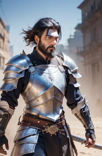 a man, warrior, dirty black hair and beard, dark fantasy, detailed black armor, great sword