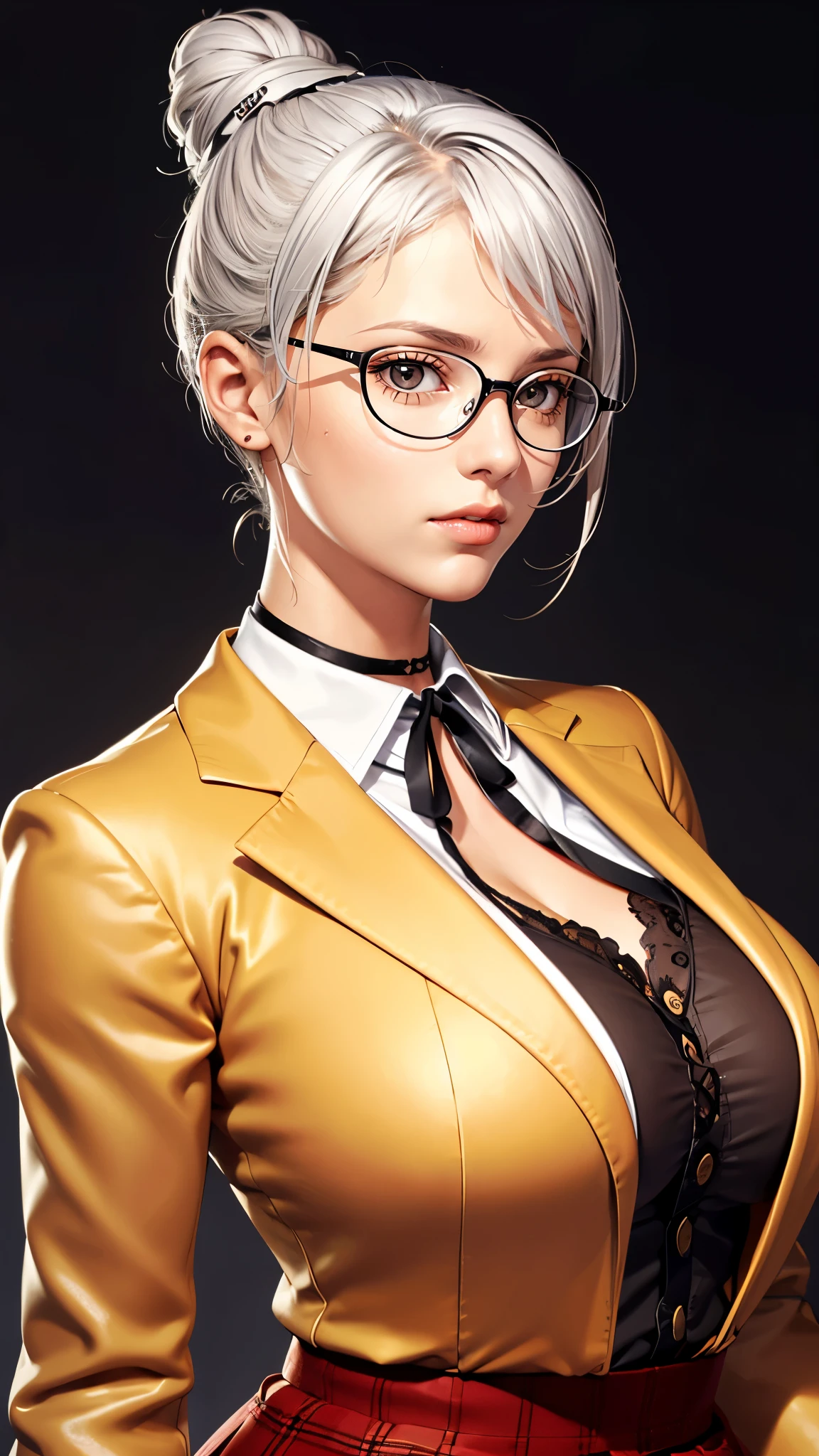 （（（Perfect figure，figure，,  plaid skirt,  ribbon choker, brown jacket，White shirt，（（（shiraki meiko，hair bun, glasses，White hair，）））型figure:1.7））），((masterpiece)),high resolution, ((Best quality at best))，masterpiece，quality，Best quality，（（（ Exquisite facial features，looking at the audience,There is light in the eyes，Happy，nterlacing of light and shadow，huge boobs））），（（（looking into camera，）））