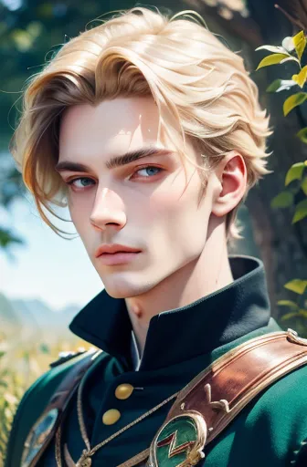 nils visser（neels visser）is a prince with golden blond hair, wearing moss green medieval military uniform, staring ahead with gr...