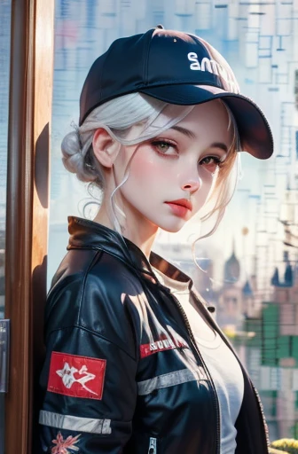 masterpiece, best quality, 4K, ultra high definition, Sansho Castle, , beautiful eyes and delicate face, illustration, Beautiful detailed, high resolution illustration, luminescent_white_particle, 1 girl, white hair, lilac eyes, hair covering one eye, short side details, baseball cap,Poker face, curtain, black jacket, Chest equipment, cyberpunk, technical clothing,(Impressionism:1.4), Vincent - Van Gogh