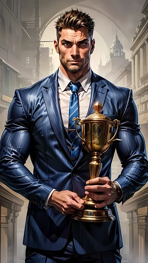 A muscular man holding a trophy