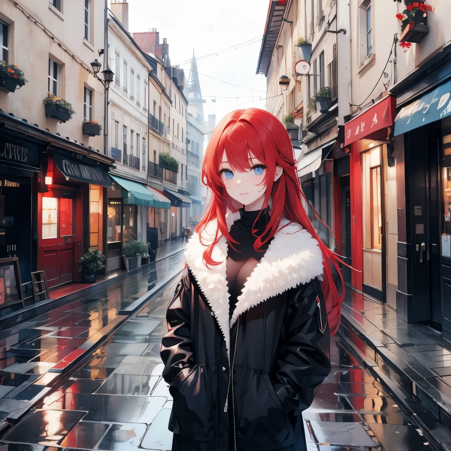 Red hair, blue eyes , Paris, raining 