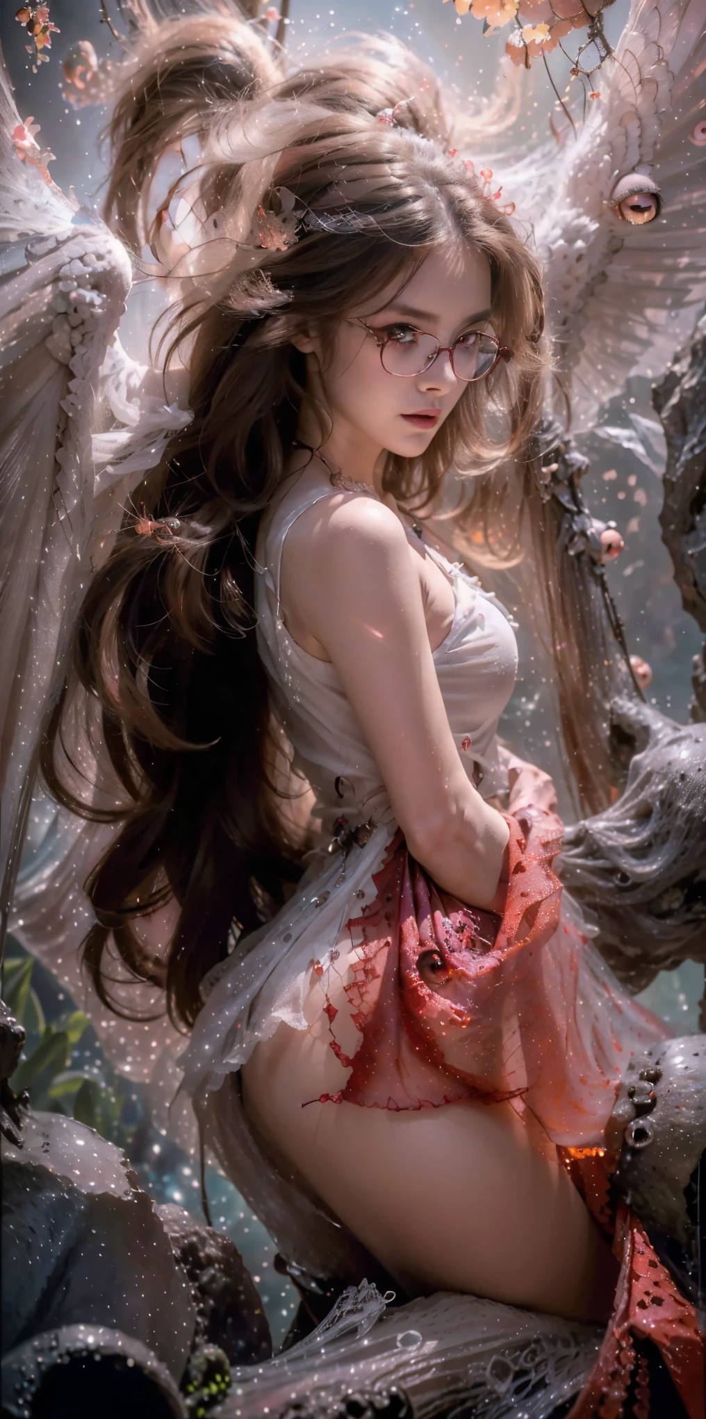 (The best illustrations)、realisitic、ultra-detailliert、The best lighting、Best Shadows、alluring succubus, ethereal beauty, perched on a cloud, (fantasy illustration:1.3), enchanting gaze, captivating pose, delicate wings, otherworldly charm, mystical sky, (Luis Royo:1.2), (Yoshitaka Amano:1.1), Dungeon and Dragon、caves、Dungeon、 A Necromancer、natta、Dark style、Succubus、Devil's Daughter、Bat Wings，(((Demon Hornlack-rimmed round glasses))))、(red eyes glowing:1.6)、​beautiful countenance、Tindall Effect、(High Detail Skins:1.2) absurderes、Ponytail distortion、jewely、Beautiful expression、Toned waist、Wide buttocks、Tindall Effectmasuter piece、top-quality、Highest Standards、Top image quality、masutepiece、intricate detailes、High resolution、Depth Field、natural soft light、profetional lighting、Great smile、(High Detail Skin: 1.2)、photorealistic anime girl render、Strong highlights of the eyes、Perfect Anatomy、crotch open、Shy、Spreading your legs、Panties are visible、Skirt flipping、Body shiny with oilerectile nipple))、8K resolution、intricate clothing、Intricate details, Sexy girl on white bed，Charming eyes，Heartwarming action，Open legs，Transparent silk pajamas ，barechested，Thick long hair，Highly detailed body，Highly detailed face