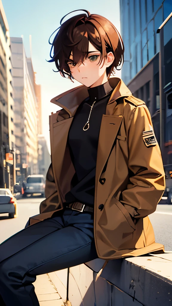 Tomboy girl with very androgynous features. Short, messy brown hair. Green sanpaku eyes. Street clothes, brown coat that is a little big on him and worn pants. Sitting in the middle of the streets. ((Her name is Kelly Jones))