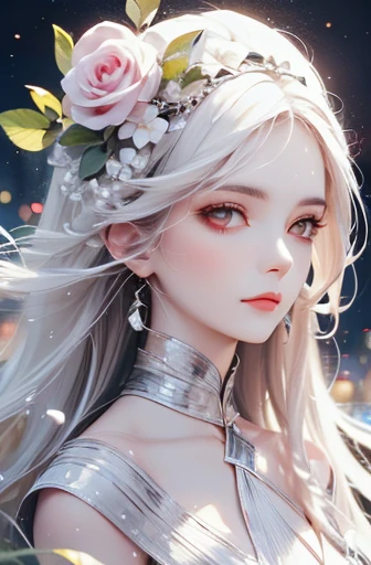 masterpiece, best quality, (alone focus), (perfect face:1.1), (high detail:1.1),dramatic, (an alluring albino angel guy with long flowing pure white hair and piercing white eyes),1 person, (pale skin), long hair, white eyes,  alone, long hair, moon, night, white luxury suit, cover navel, Pouting, cover, futuristic city, Detailed background, art film lighting by artgerm, roses and vines, Fashion, Balenciaga style