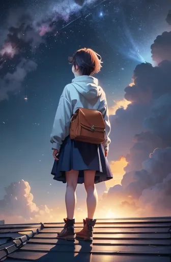 anime girl standing on the roof looking at the starry night sky, anime wallpaper 4k, anime wallpaper 4 k, 4k anime wallpaper, an...