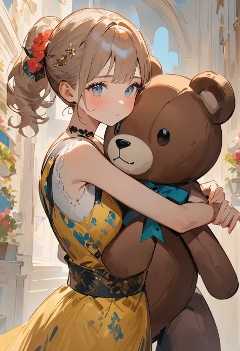 (((simple configuration)))、(((The background is a white wall:1.2)))、one girl、(((hug a giant teddy bear)))、perfect anatomy、painte...