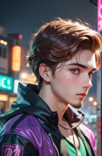 character half, male, boys, 17 years old, medium beard, reddish brown hair, green eyes, long hair, calm. sensible, neon purple g...