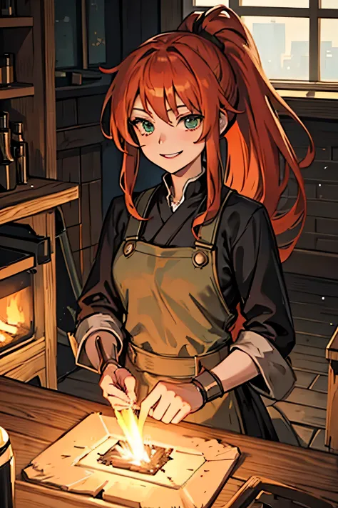 anime girl, in blacksmith workshop, blacksmith clothes, long ginger hair, ponytail, green eyes, defined build, smiling, strong.