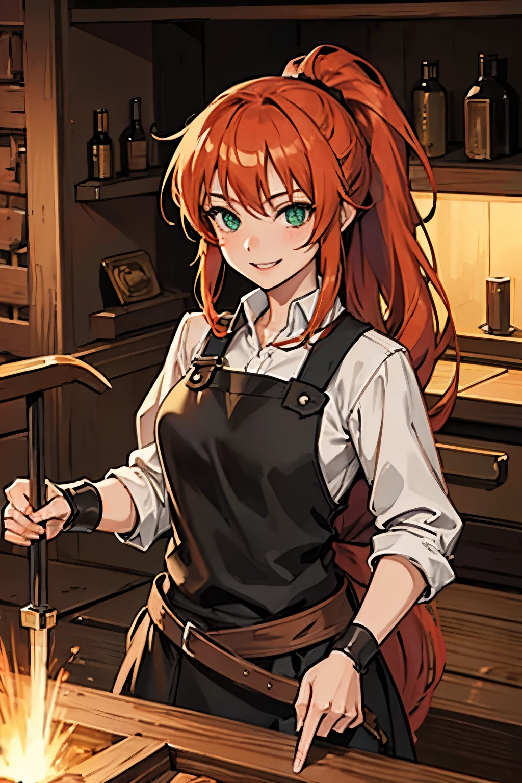 Anime girl, in blacksmith workshop, blacksmith clothes, long ginger hair, ponytail, green eyes, defined build, smiling, strong.