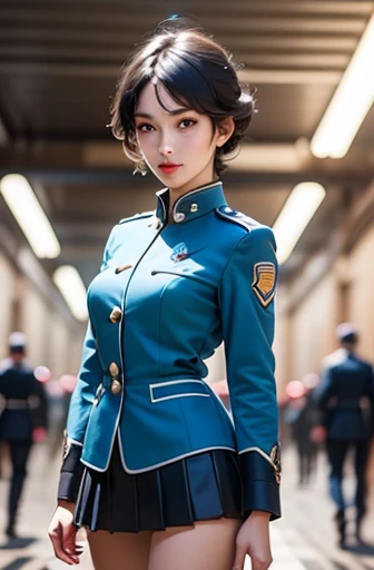 (Highest resolution, clearly_image), best quality, masterpiece, Very detailed, semi-realistic, woman with black shoulder length hair, black pupils, Mature, Mature woman, Royal sister, Sexy, short hair, triple bangs, light blue uniform, light blue jacket, Soldier, Light blue pleated skirt, Uniform, fighter frontline, future, Science fiction, universe