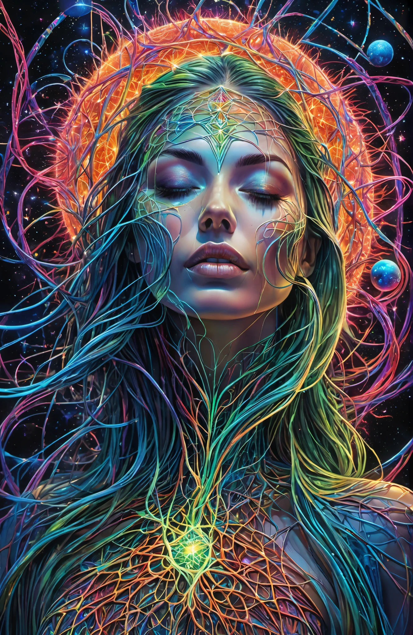 masterpiece, best quality, ultra high res, extremely detailed, (psychedelic art:1.4), woman, veil, visually stunning, beautiful, award-winning illustration, cosmic space background, ethereal atmosphere, ultra quality, beautiful girl, cosmical concept, rainbow strings, rainbow skin, rainbow bloody veins growing and intertwining out of the darkness, nailed wire, oozing thick blue blood, sharp neon, veins growing and pumping blood, vascular networks growing, green veins everywhere, yin and yang, glowing space, glowing stars, infinity symbol