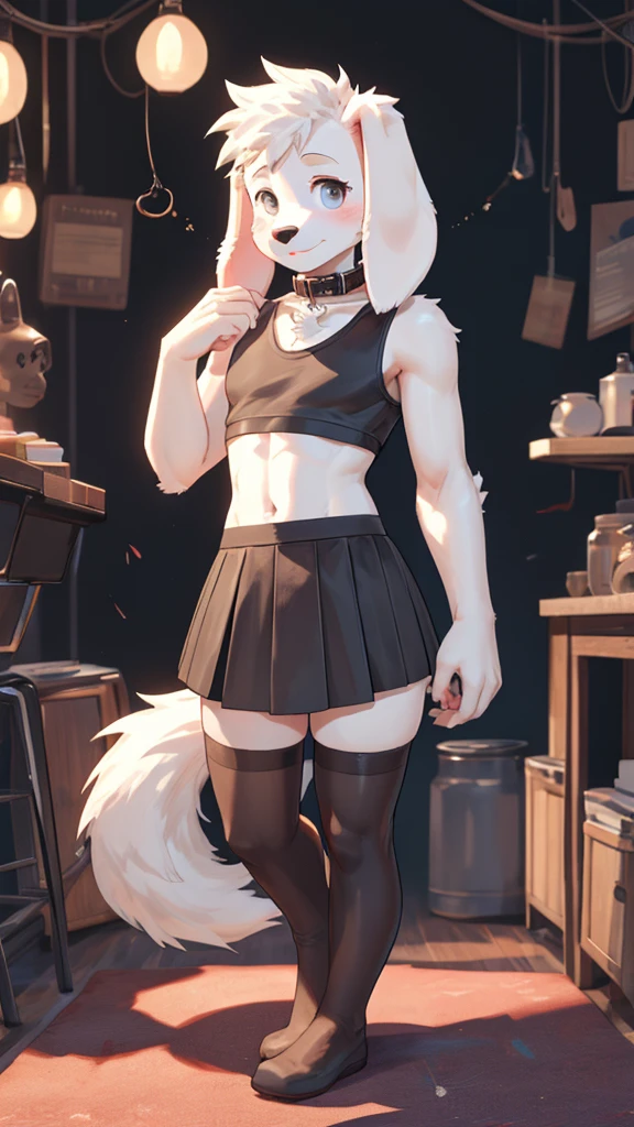 man, boy, mature adult,  cute white puppy, fluffy , floppy ears , collar, crop top, skirt, thigh high stockings
