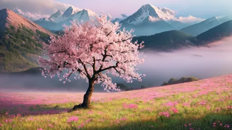 a twig of an apple tree with pink flowers below it is a meadow full of beautiful flowers on the horizon there are mountains in t...