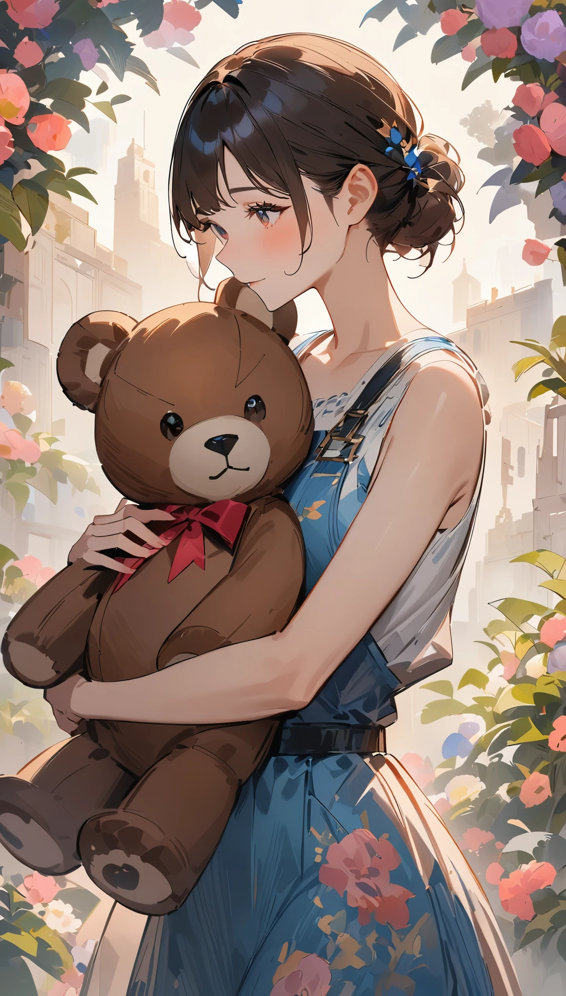 (((simple configuration)))、(((The background is a white wall:1.2)))、one girl、(((hug a giant teddy bear)))、perfect anatomy、painterly、sketch、very delicate、wall with cloud-like pattern、、Floral、delicate depiction、abstract、Bright colors overall、Gentle color、Taisho romance、(masterpiece、highest quality、highest quality、official art、beautiful beautiful:1.2)、