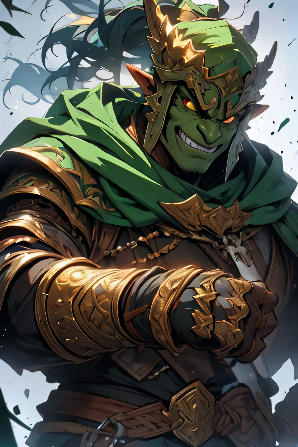 Good Orc, Ax , green orc, warrior, Dark green skin color, very kind, cheery , in full height, Race orc., blunt face, A kind face, Smiling, Dark green hands, Completely dark green skin color, D&D.